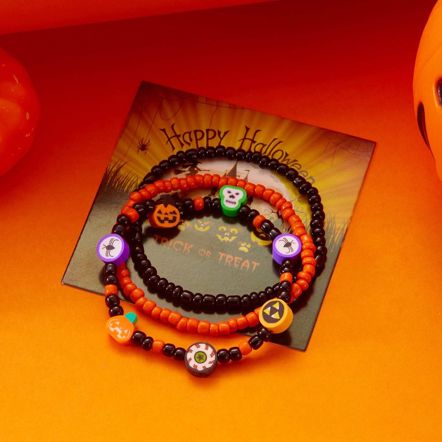 Wholesale rice beads orange pumpkin skull pendant hand jewelry set