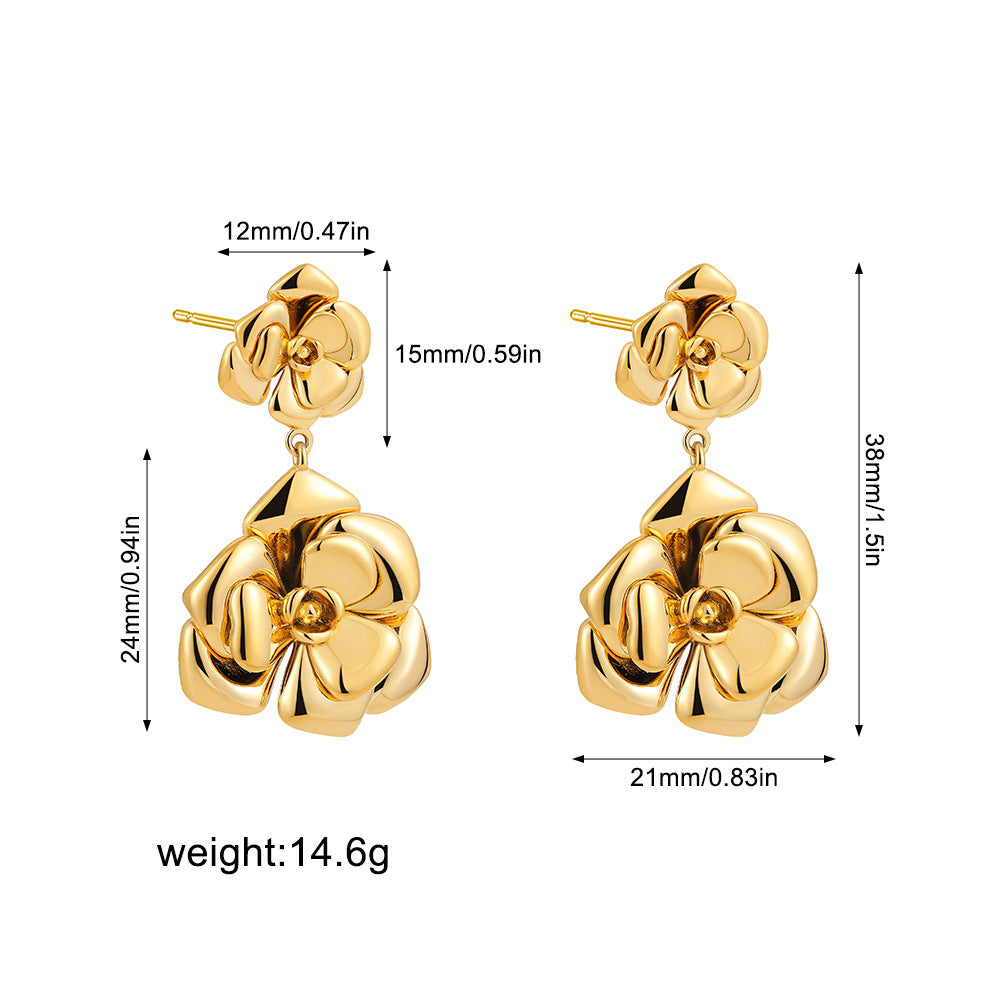 Wholesale  Stainless Steel 18K Gold Camellia Earrings Retro Ring Rose  Light Luxury Jewelry
