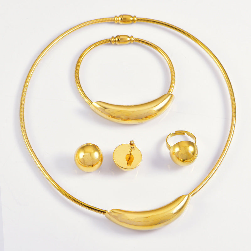 Wholesale Stainless steel magnet hollow elbow snake bone collar gold steel color bracelet  earring necklace suit