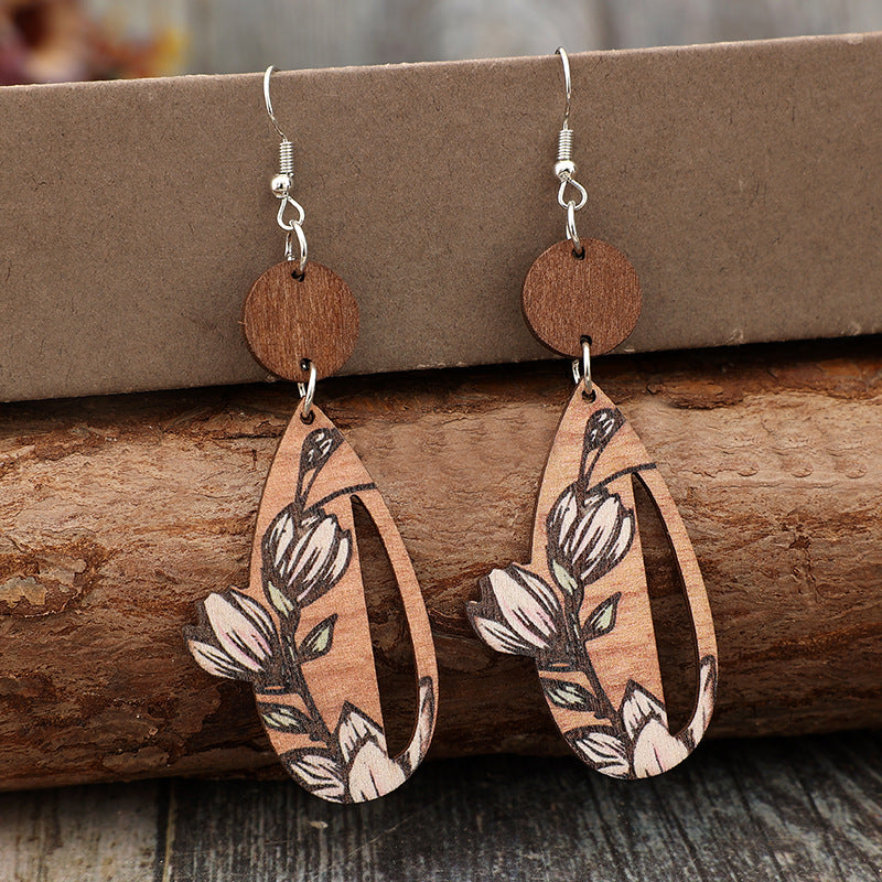 Wholesale  Bohemian  Cut Out Flower Spliced Wood Chip Earrings