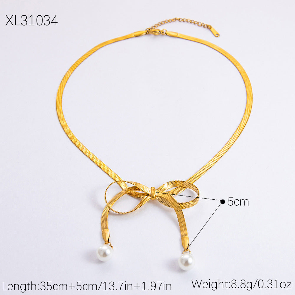 Wholesale 18K Gold Stainless Steel Bow Pearl Necklace Bracelet Set ACC-NE-YuHui009