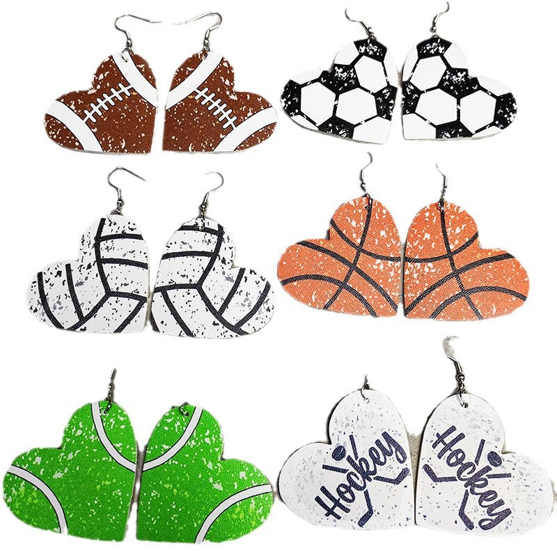 Wholesale Heart Shaped Sports Leather Earrings Baseball Football Soccer Hockey Tennis Jewelry Accessory Gift Boutique Resale