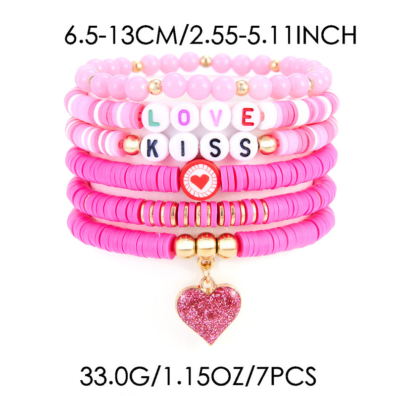 Wholesale Valentine's Day  6 suit  Cute Color Letter Pink Heart Pendant Bracelet