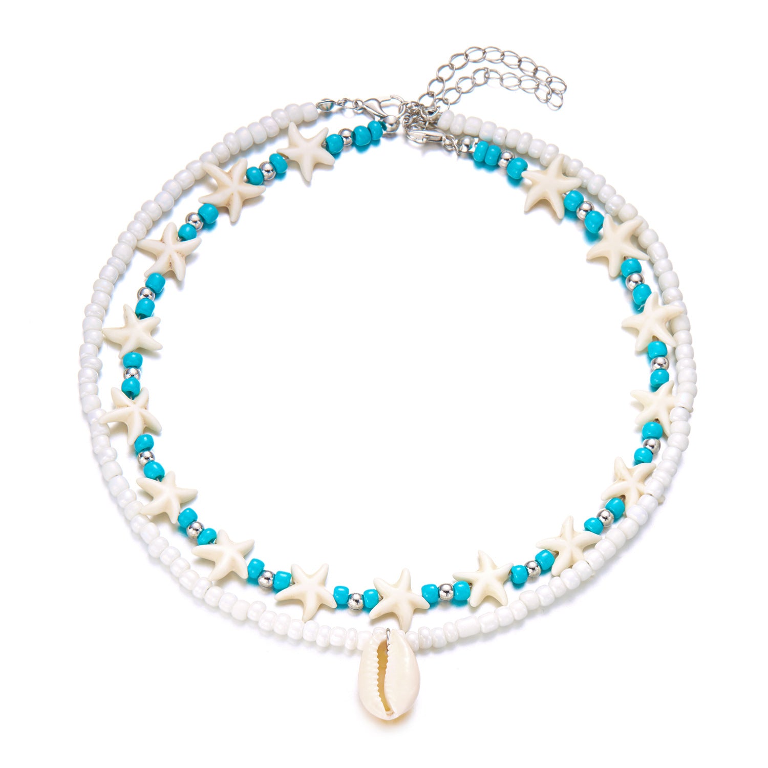 Wholesale  Bohemian Style Double Layer Starfish Shell Rice Beads Card Necklace