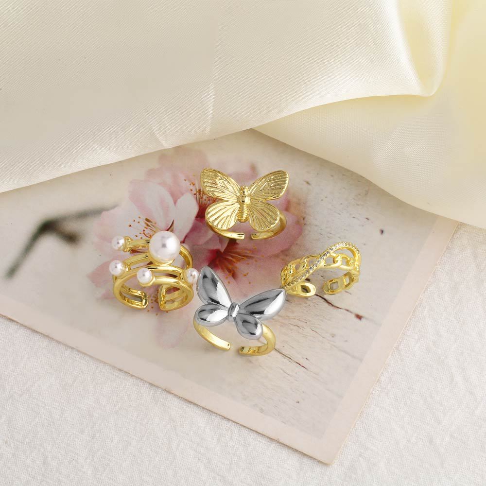 Wholesale Pearl Sequin Butterfly Open Copper Plated 18K Ring