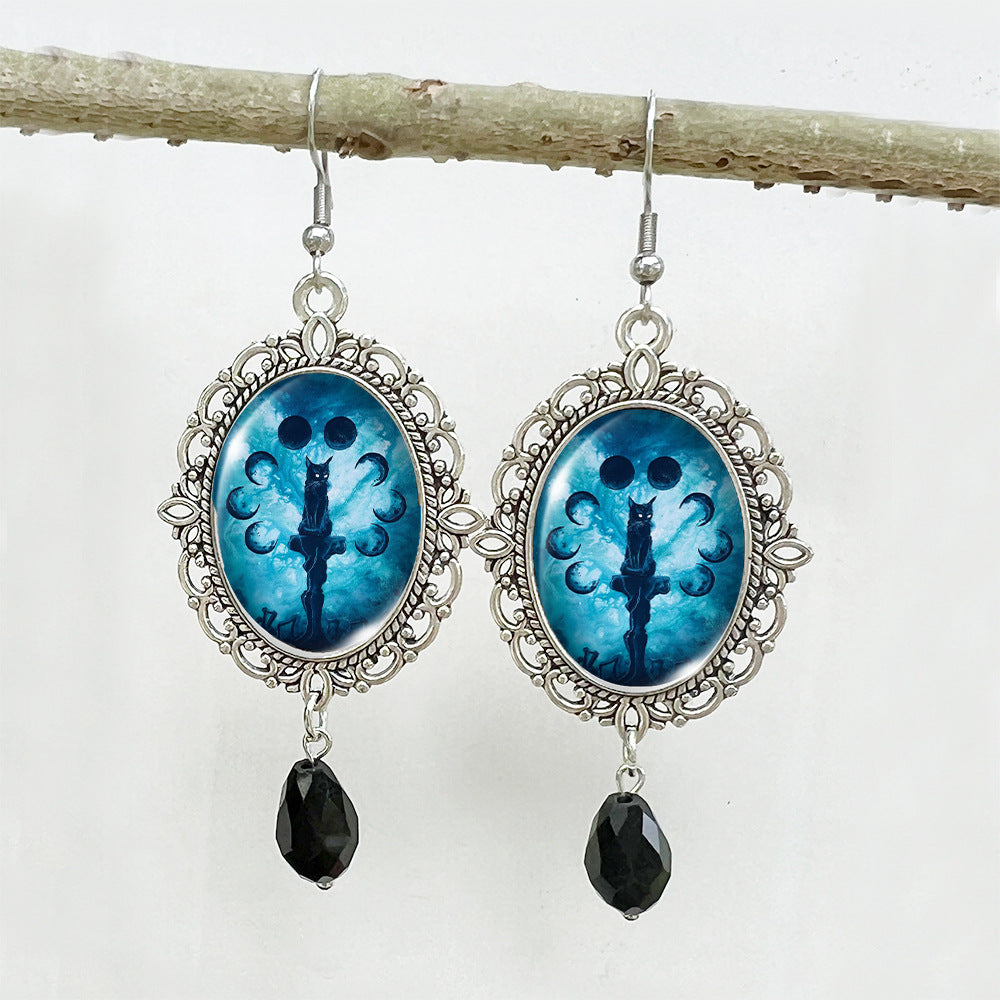 Wholesale Halloween Stainless Steel Ear Hook Oval Lace Pumpkin Black Cat Moon Metal Earrings ACCVIP-ES-XiangLian005