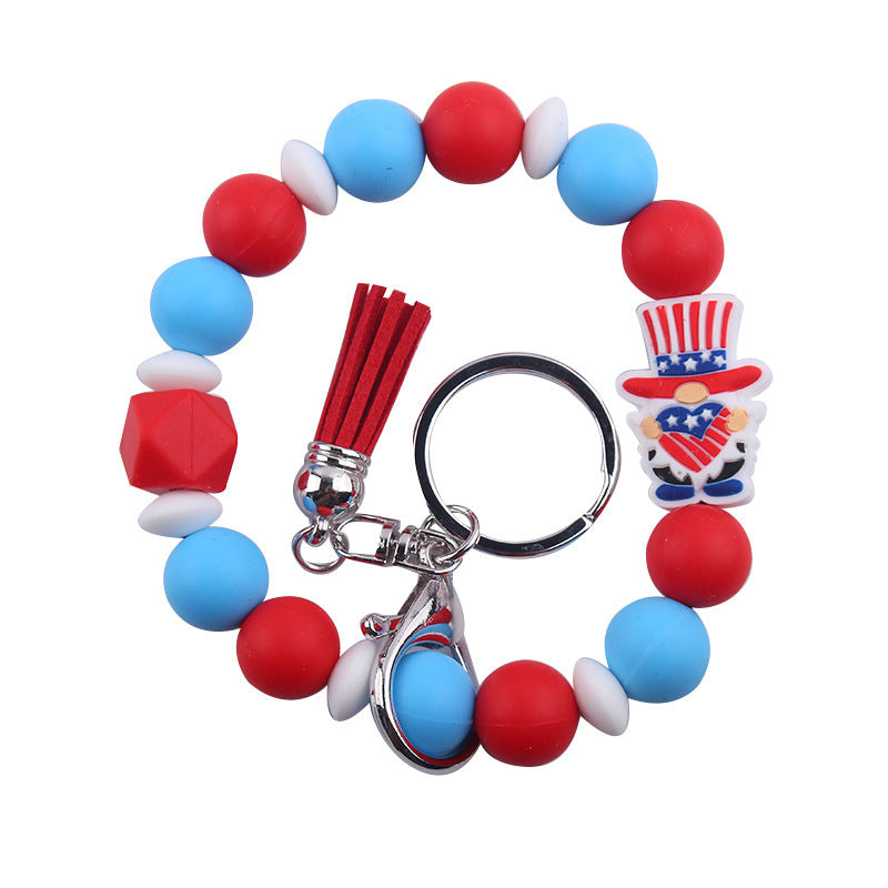 Wholesale Wristlet Keychain New Keychain Pendant Leather PU Short Tassel Silicone Beads Independence Day Bracelet Keychain ACC-KC-GuangTian037