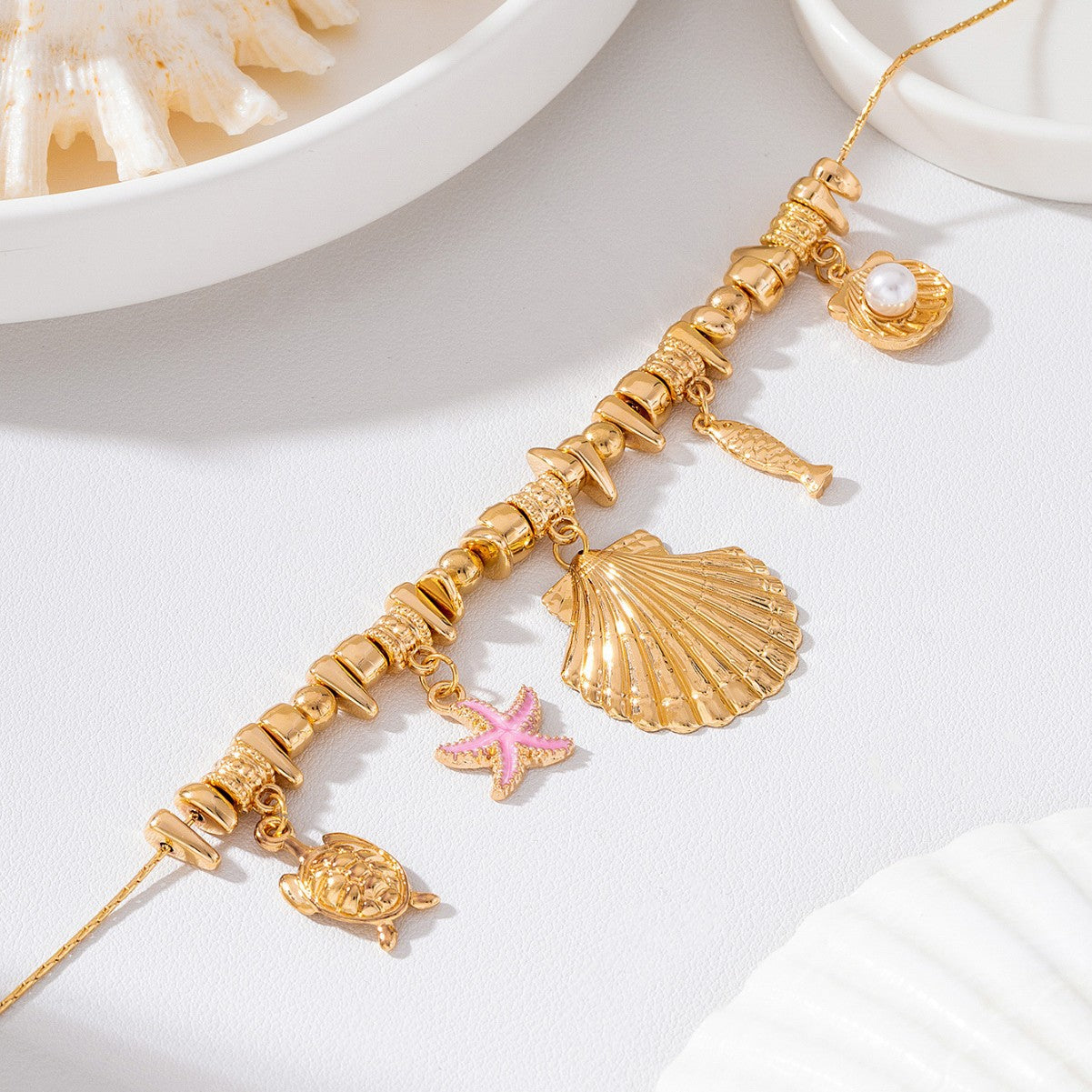 Wholesale Vintage Gold Sea Life Charm Necklace Starfish Turtle Fish Pearl Scallop Pendants Fashion Jewelry Accessory For Women Gift