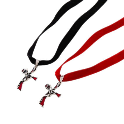 Wholesale Alloy Red Gothic Cross Skull Pendant Necklace Boutique Resale Jewelry Accessory