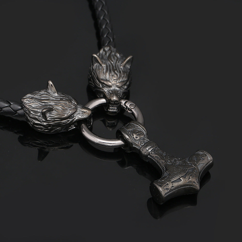 Wholesale Men's Vintage Stainless Steel Black Nordic Viking Wolf Head Necklace