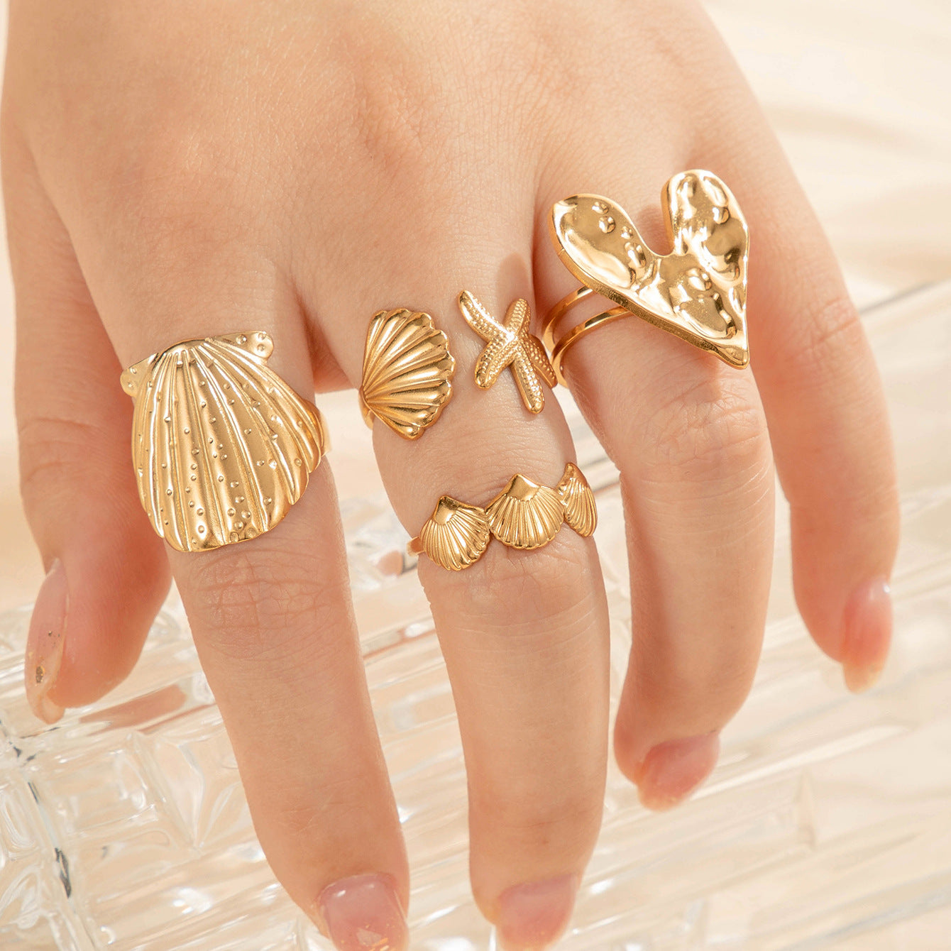 Wholesale titanium steel love starfish shell  opening adjustable ring