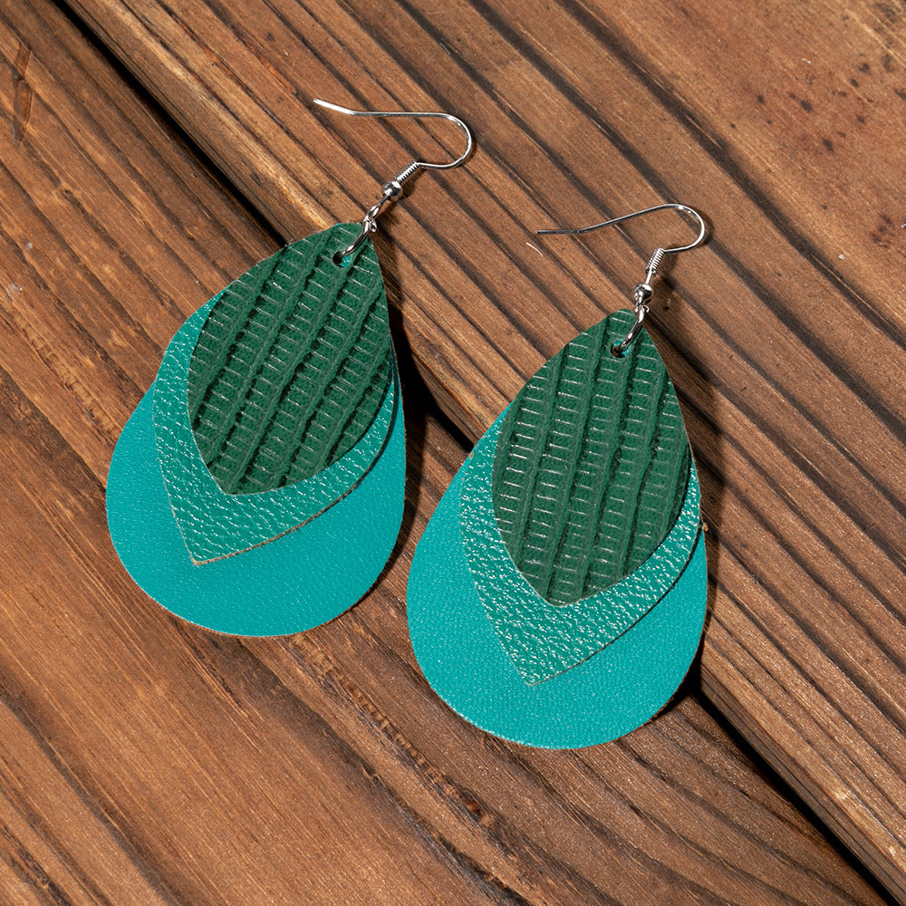 Wholesale Retro Multi-layer Water Drop Leaf PU Leather Earrings Jewelry Accessory