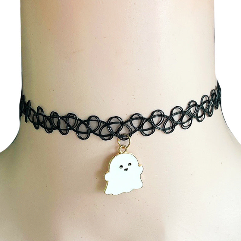 Wholesale 2pcs Halloween Black Lace Clavicle Chain Moon Black Cat Witch Ghost Cute Necklace