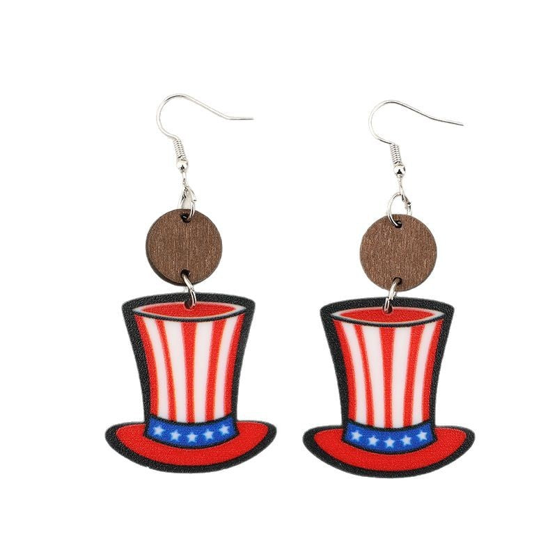 Wholesale Magic Hat Printed US Flag Acrylic Splicing Wood Pieces  Independence Day Earrings