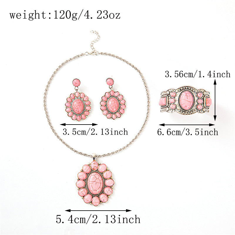 Wholesale Electroplated Alloy Retro Bohemian Turquoise Women' s Jewelry Set - Earrings,  Open Ring &  Necklace,  Fashion Accessory