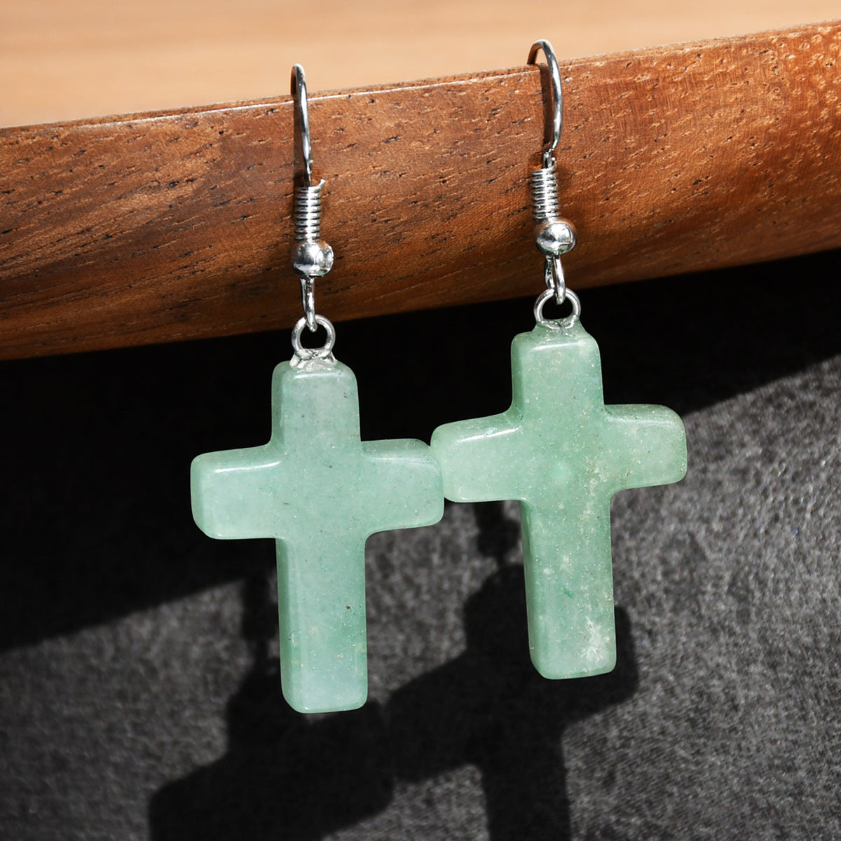 Wholesale Green Aventurine Cross Pendant Earrings Retro Style Handmade Fashion Accessory for Women Gift