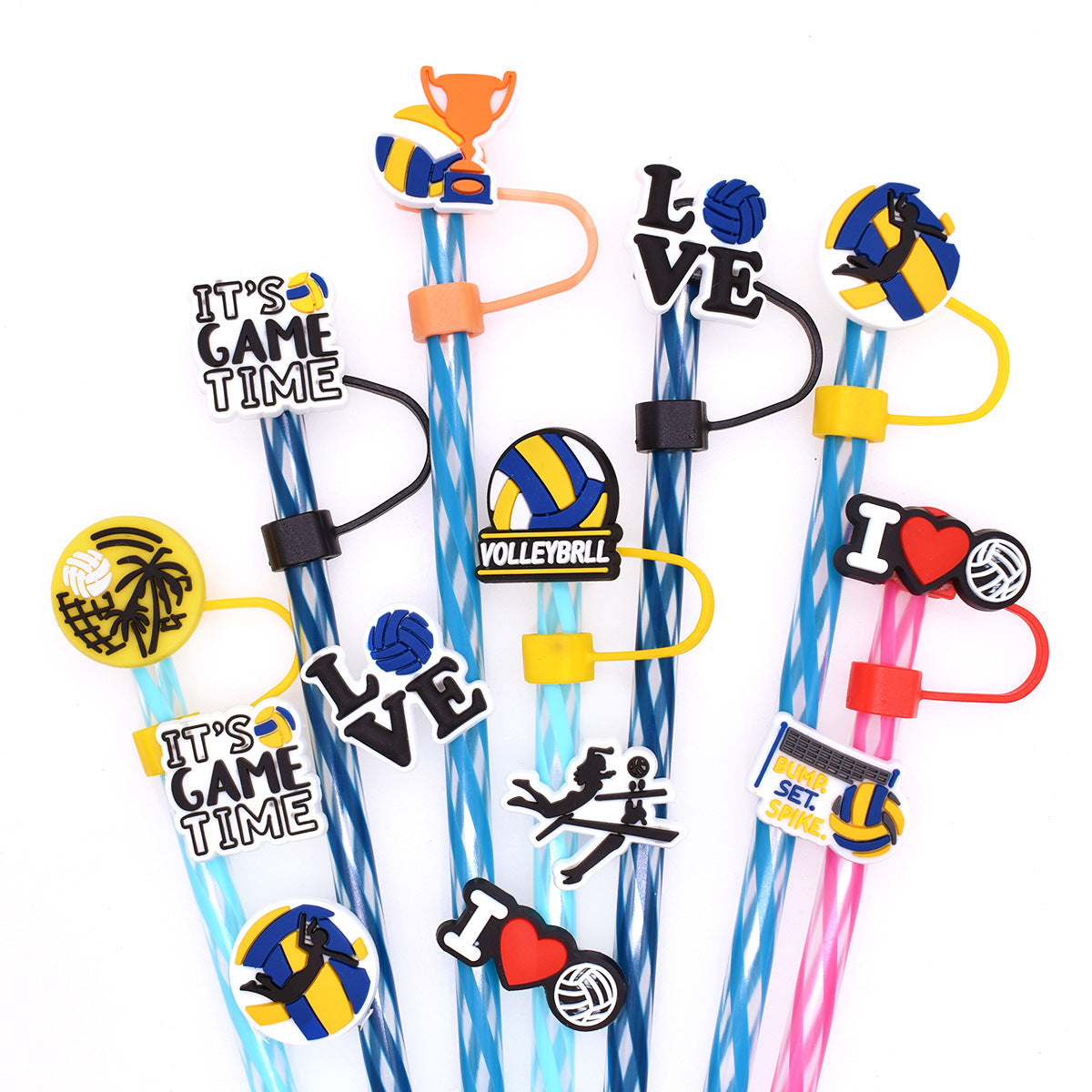 Wholesale Random 100pcs Volleyball Series Straw Tube Cap 10mm Soft Glue Straw Decoration Straw Cover ACC-SCR-RYY039