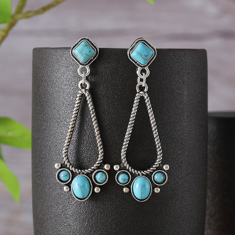 Wholesale Alloy Electroplated Geometric Hollow Earrings Retro Turquoise Bohemian Jewelry Accessory