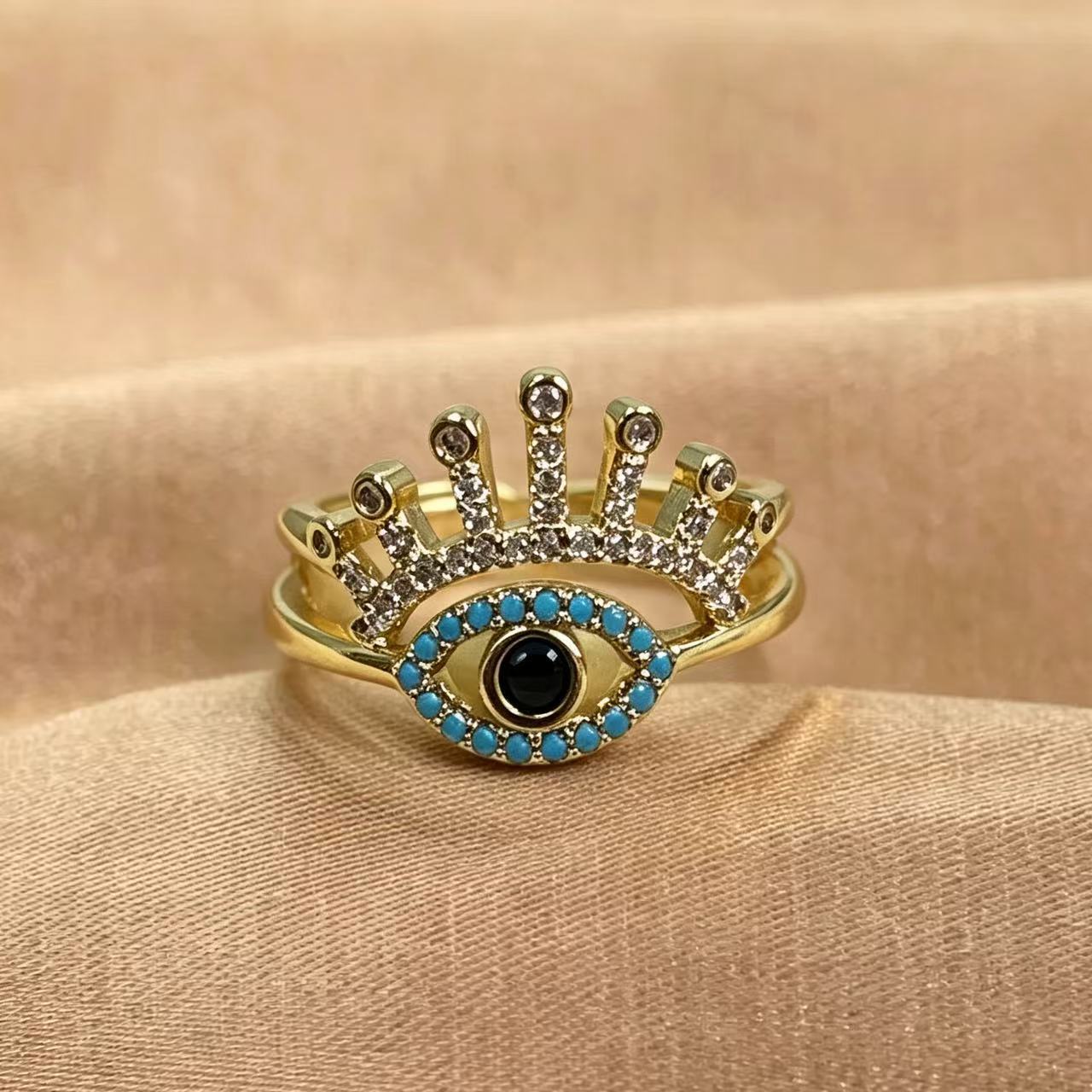 Wholesale 18K Gold Plated Brass Devil' s Eye Open Ring with Blue Zircon Jewelry Accessory