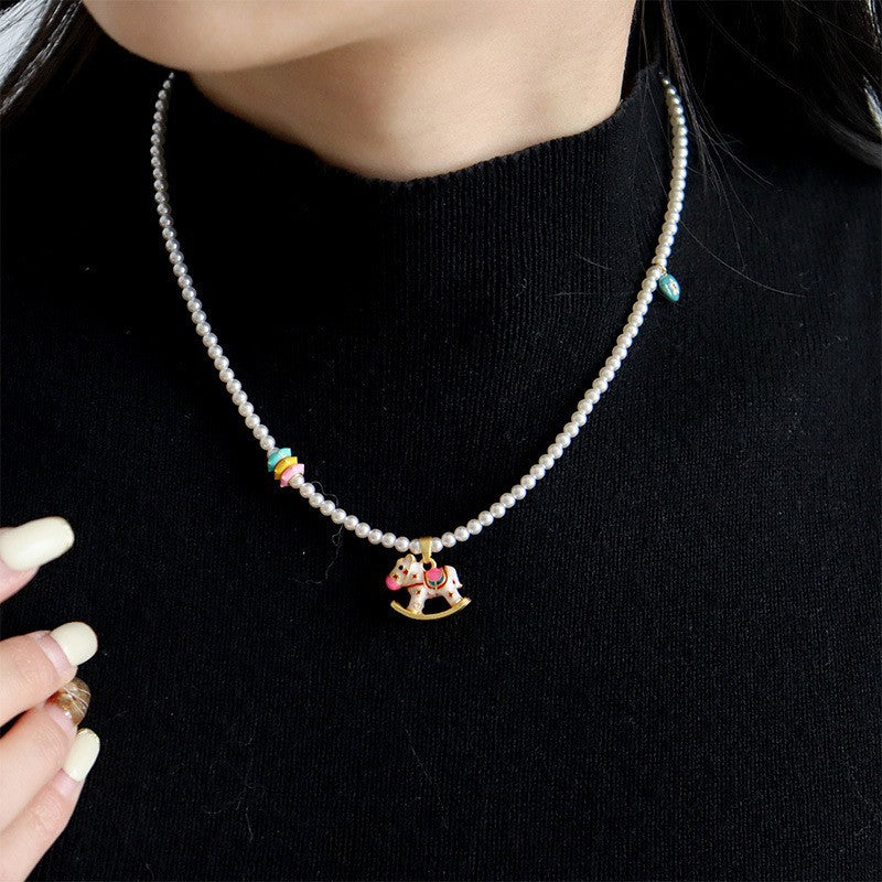 Wholesale Summer Cute Color Dopamine Oil Enamel Trojan Horse Pearl Necklace
