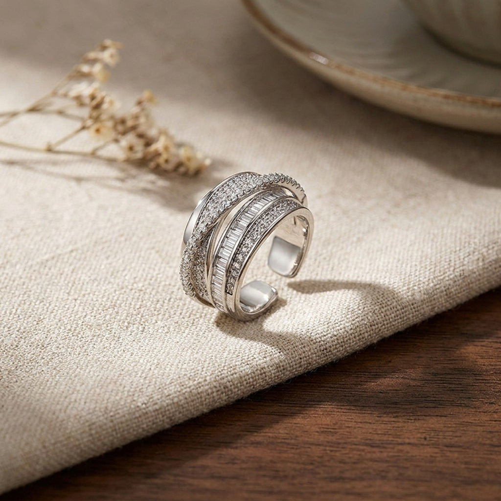 Wholesale Trendy Interlocking Star Orbit Full Pave CZ Ring,  Copper Electroplated Women' s Everyday Wear