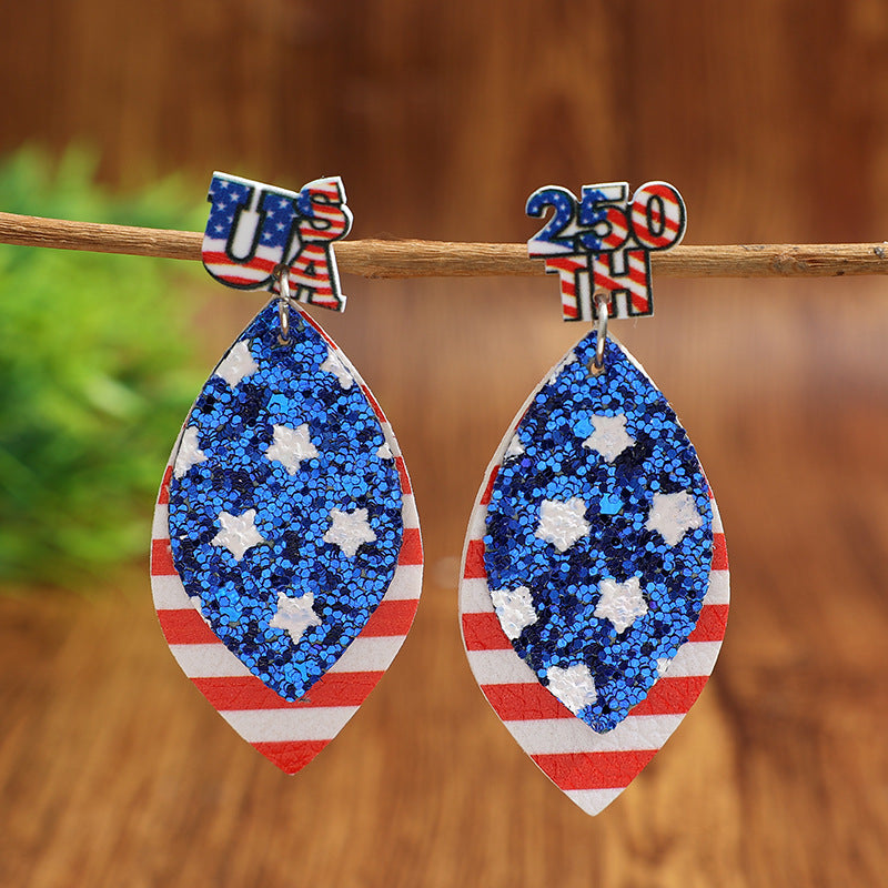 Wholesale Thre Layer Teardrop American Flag and Star Sequin Earrings