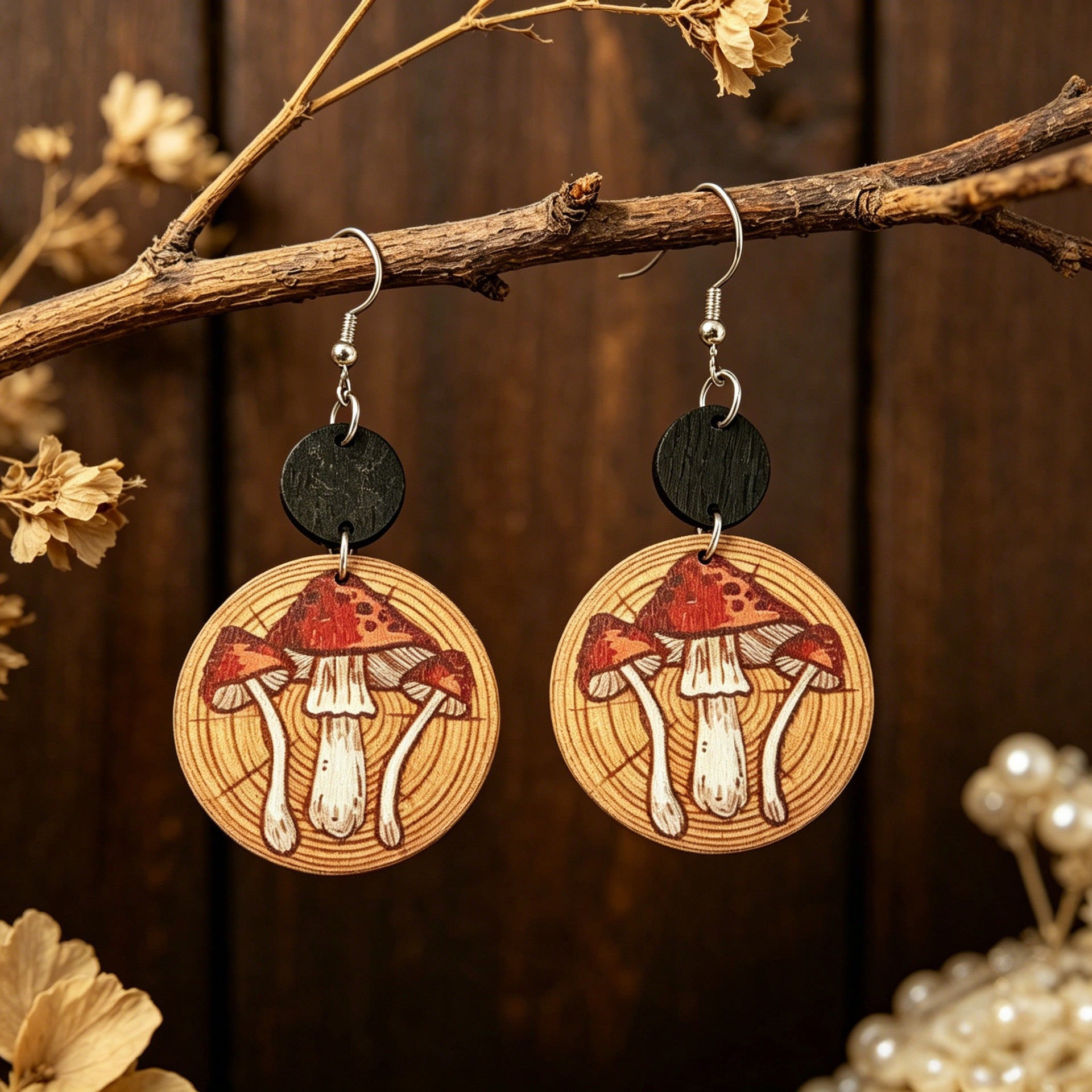 Wholesale Wooden Round Mushroom Print Earrings - Fashion Accessory for Women