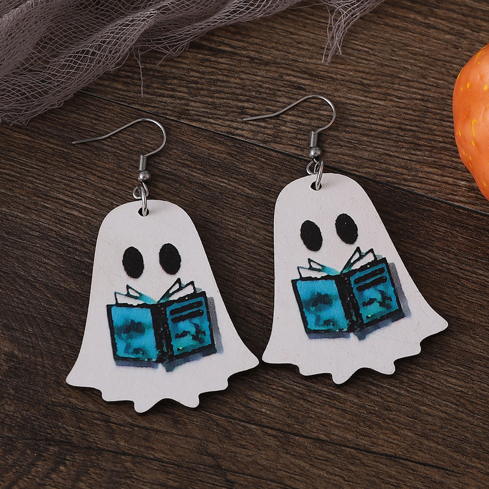 Wholesale Halloween Gothic Style Cute Ghost Flower Book Pocket Ghost Pendant Wooden Double Sided Earrings
