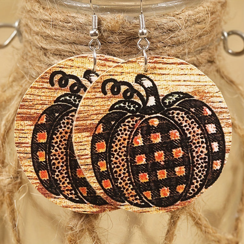 Wholesale Thanksgiving Round Summer Pumpkin Maple Leaf Leopard Print Striped  Women's Leather Earrings