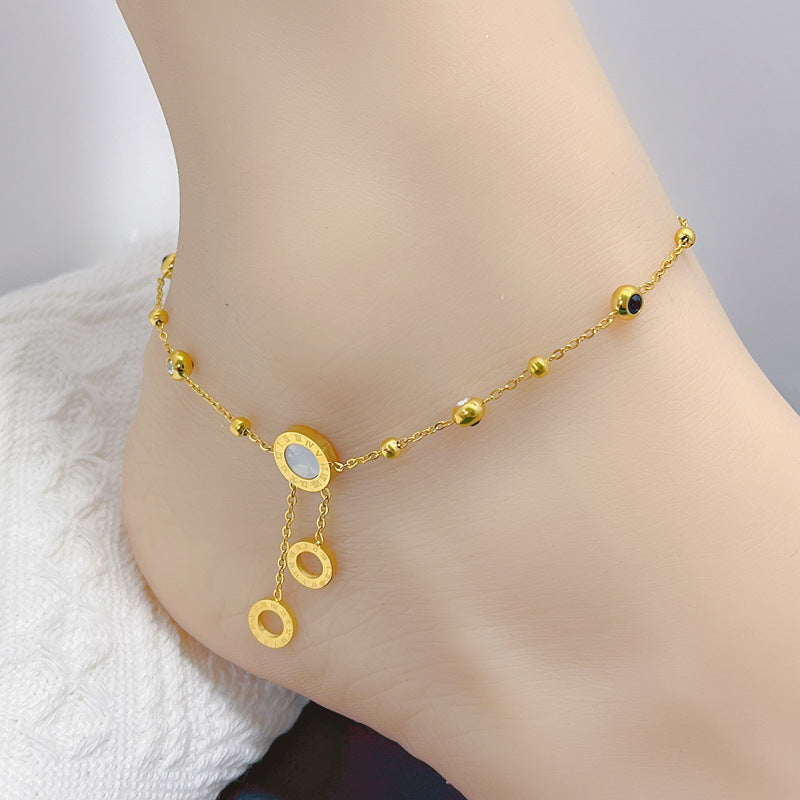 Wholesale Titanium Steel Shell Star Moon Tassel Anklet Double-sided Black and White Zircon Diamond Five-pointed  Anklet