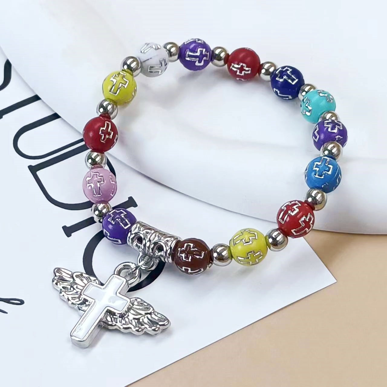 Wholesale angel wings cross beaded bracelet