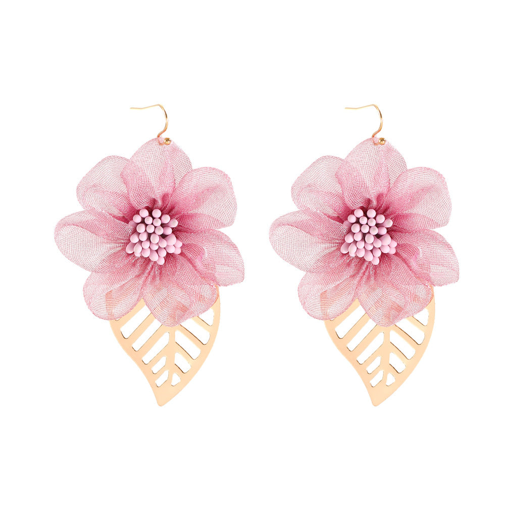Wholesale Fabric Gauze Flower Leaf Earrings