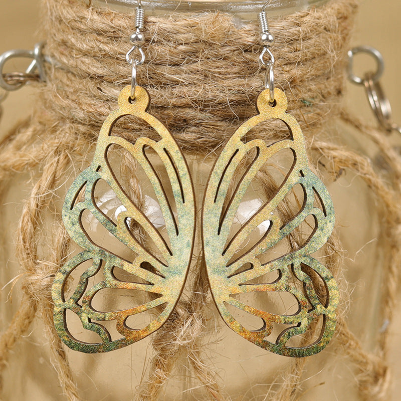 Wholesale Symmetrical Exquisite Butterfly Wings Hollow Tie-Dye Gradient  Wooden Earrings