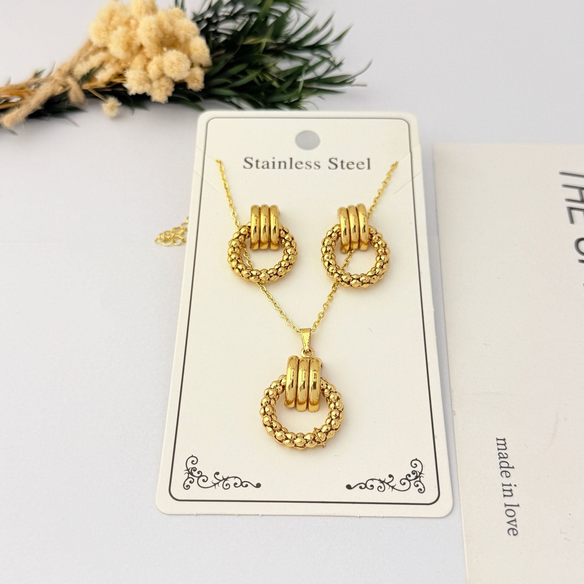 Wholesale Geometric Gold Plated Stainless Steel Necklace Earring Set for Party Boutique Jewelry