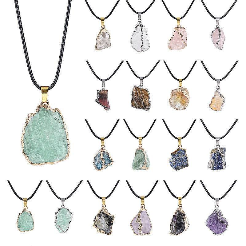Wholesale Natural Crystal Raw Stone Pendant Necklace with Leather Rope Chain Irregular Hand-Hammered Electroplated Fashion Jewelry