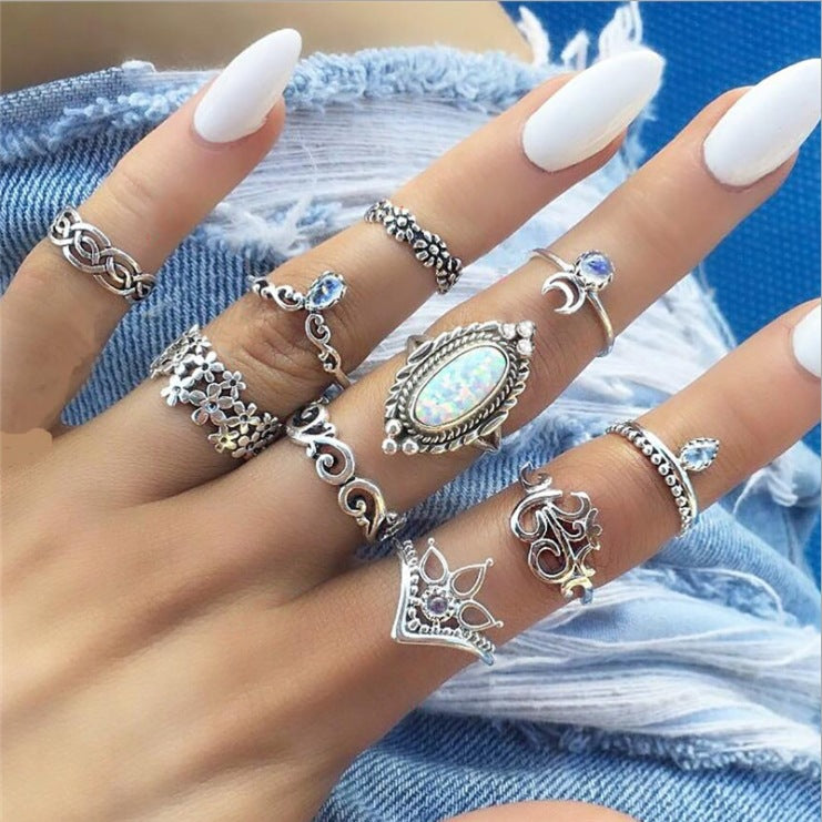 Wholesale Vintage Bohemian Holiday Style Metal Crystal Rings Set