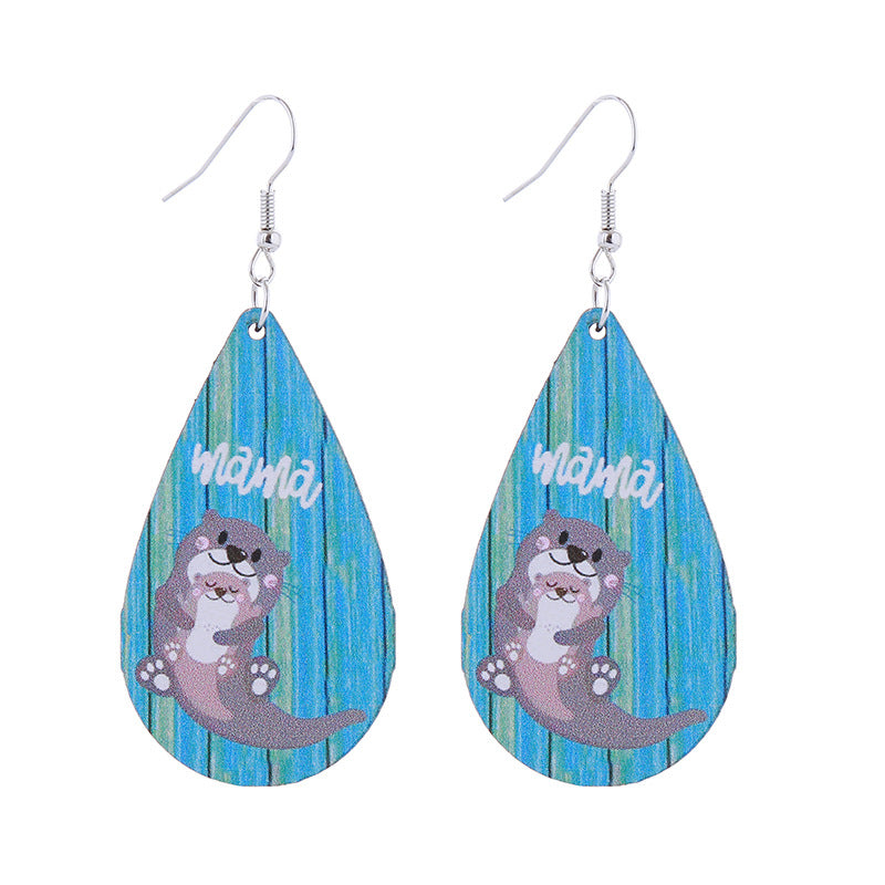 Wholesale Mother' s Day Wooden MOM Leopard Print Lip Print Creative Cartoon Earrings
