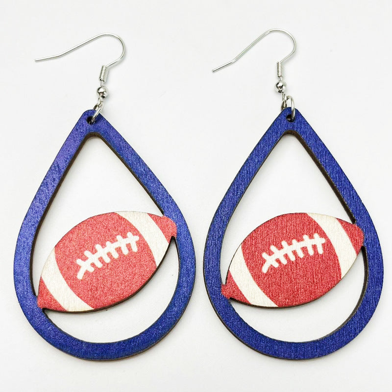 Wholesale 2pairs/pack Football Teardrop Shaped Cheerleading Sports Wooden Earrings ACC-ES-HY112
