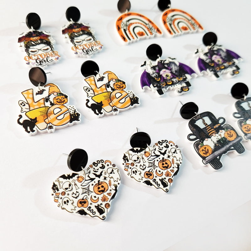 Wholesale Halloween Rainbow Elf Pumpkin Girls Bat Truck Love Resin Earrings ACC-ES-XP030