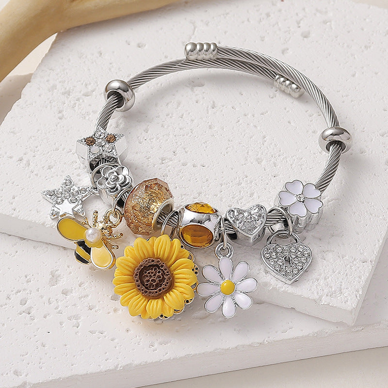 Wholesale  Sunflower Oil Painting Bee Butterfly  Stainless Steel Open Bracelet