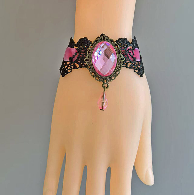 Wholesale Gothic Victorian Lace Bracelet with Red Crystal Pendant,  Chic Jewelry Accessory