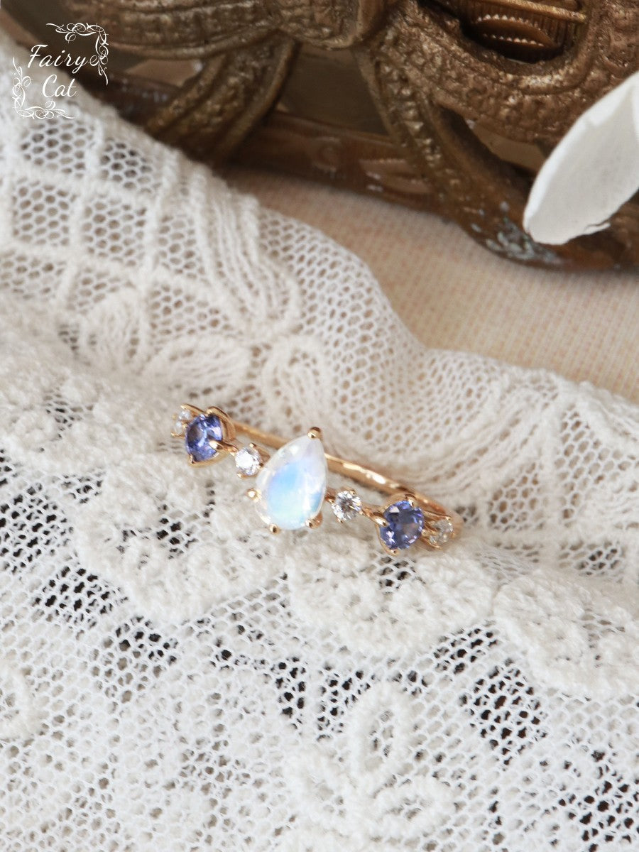 Wholesale natural Moonstone Diamond water drop light luxury ring