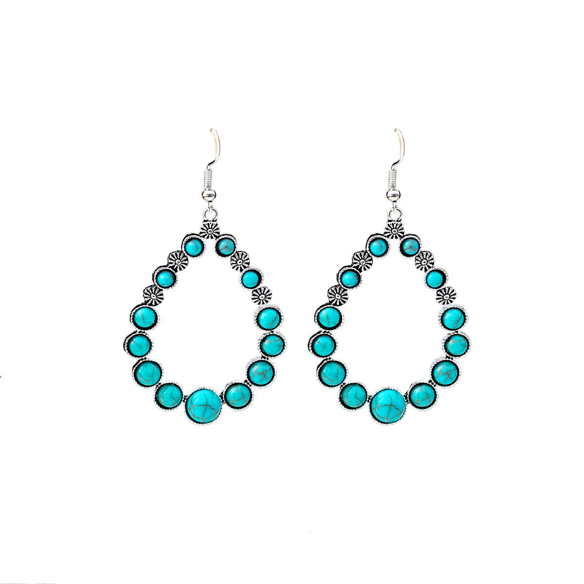 Wholesale Retro Ethnic Style Blue Turquoise Hollow Ring Flower Tassel Earrings Jewelry Accessory