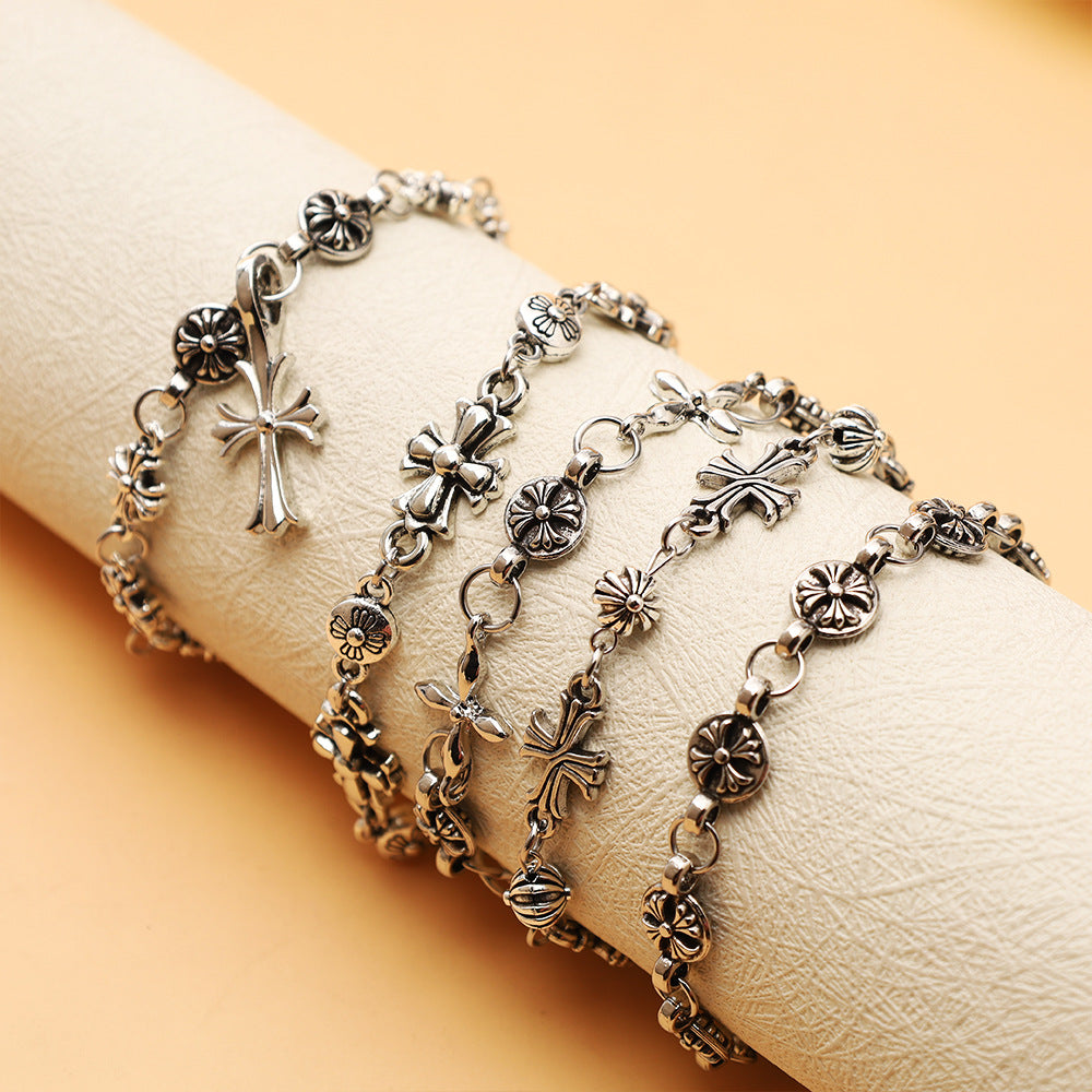 Wholesale Retro Cross Pendant Flower Bead Bracelet Unisex Couple Street Fashion Jewelry Accessory