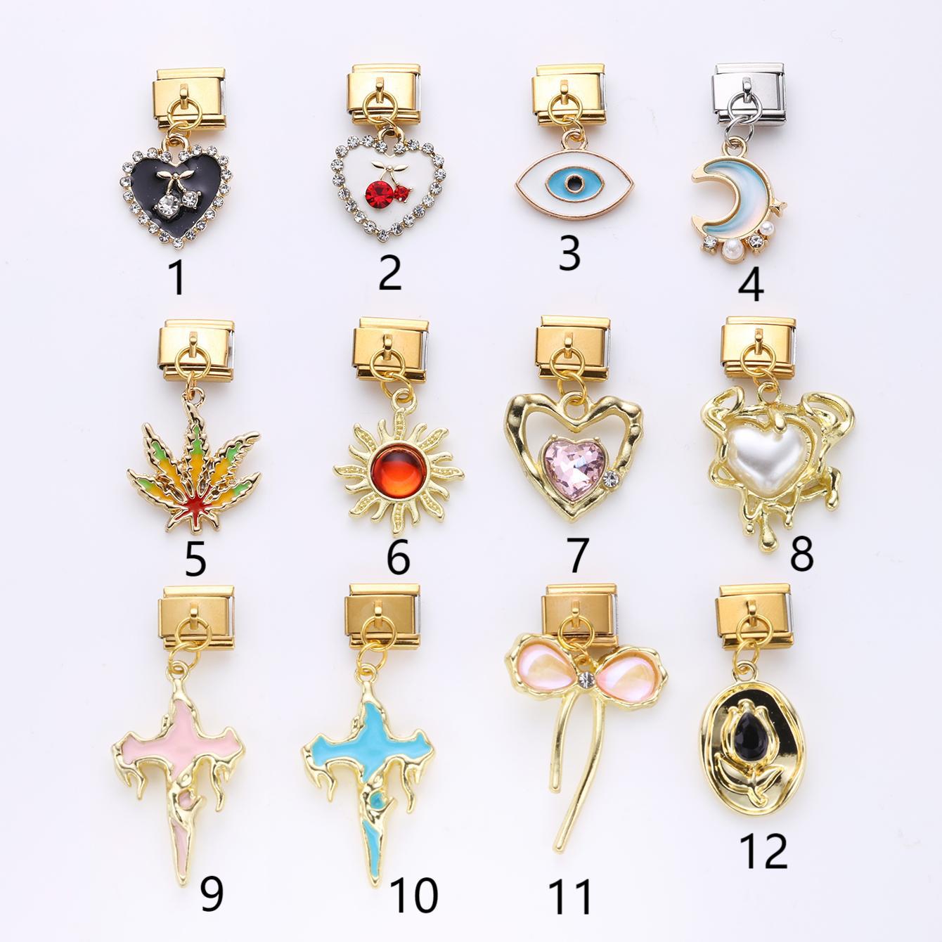 Wholesale 10pcs Italian Charm Bracelet 9mm DIY Splicing Gold Cherry Cross Stainless Steel Composable Bracelet