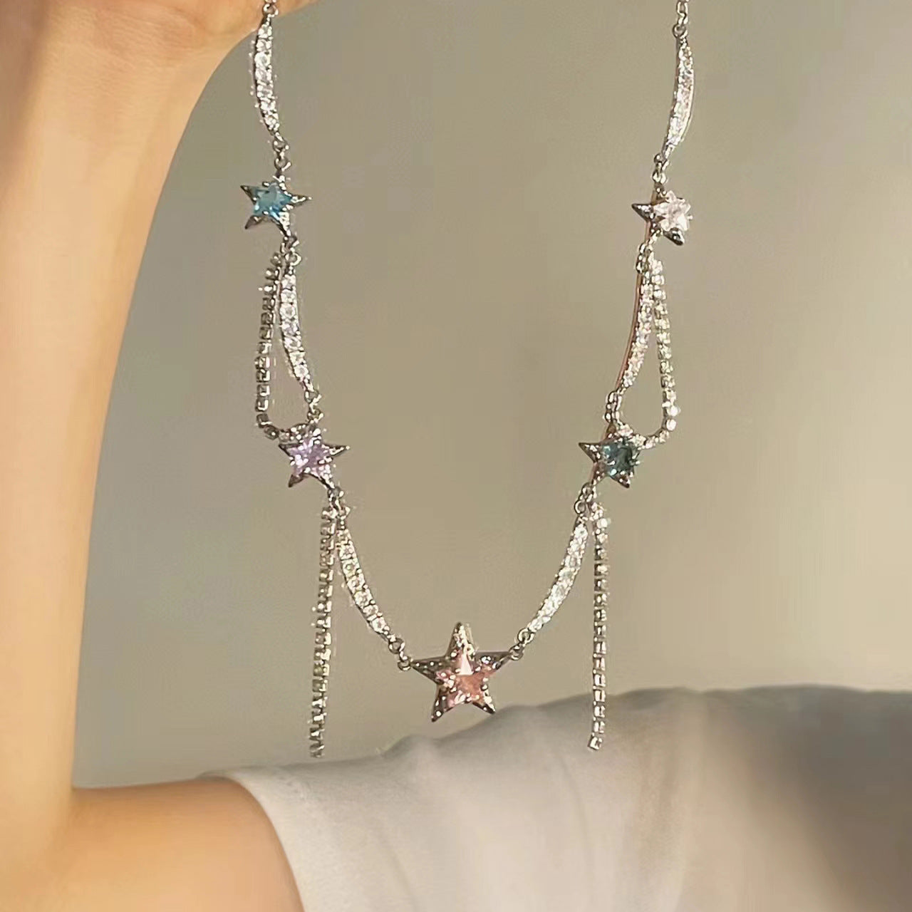 Wholesale Colorful zircon star long tassel necklace