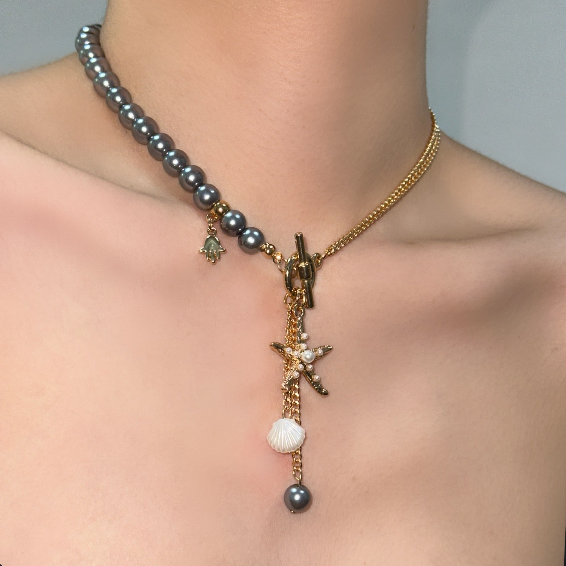 Wholesale Double Pearl Long Tassel Starfish Necklace