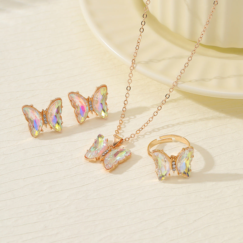 Wholesale Colorful Inlaid 3-piece Earrings Necklace Ring Butterfly Diamond Necklace ACC-RS-YunJin003