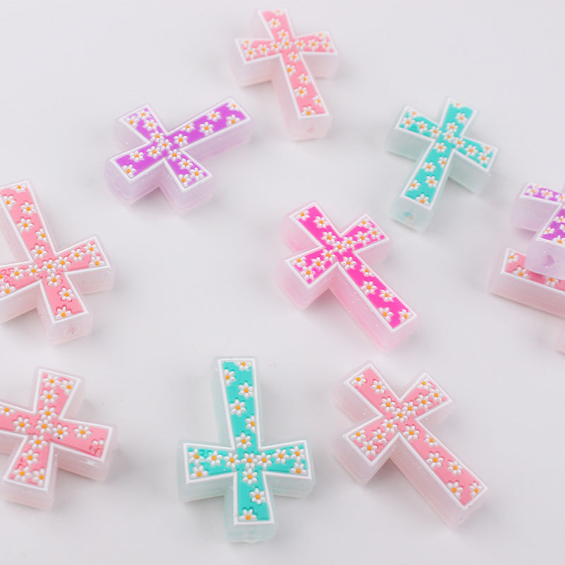 Wholesale 10pcs Cartoon Cross Flower Autism Care Focal Beads DIY Bead Accessories