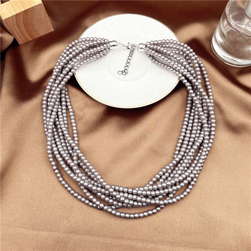 Wholesale retro multi-layer silver gray glass pearl necklace